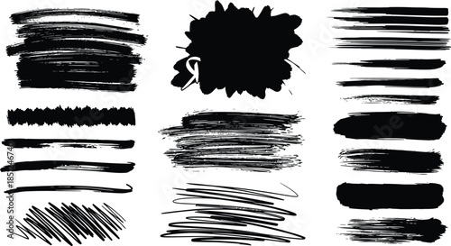 Various black paint graphic set, spray, brushstroke, drips, splashes, graffiti, lines, in dirty style. High quality, hand drawn, grunge graphic box. Ink splash stencil, brush stroke. Vector collection