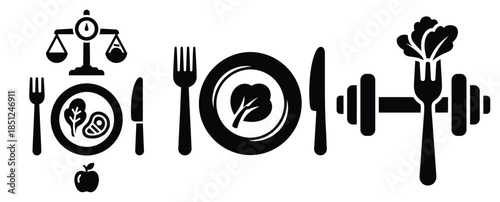 Black silhouette weight loss nutrition modern vector icon set on transparent background