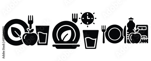 Black silhouette wellness diet routine modern vector icon set on transparent background