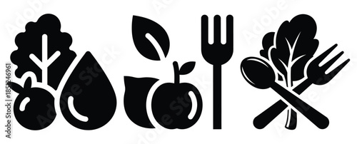 Black silhouette wellness focused diet modern vector icon set on transparent background