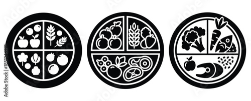 Black silhouette wellness nutrition plate modern vector icon set on transparent background