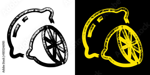 Lemon or lime with half icon drawn with marker. Yellow outline illustration with expressive childlike strokes. Minimal line vector citrus icon isolated.