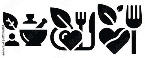 Black silhouette wellness nutrition system modern vector icon set on transparent background