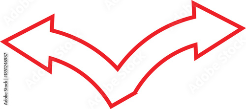 Two opposing red arrows diverging from a central point simple graphic design