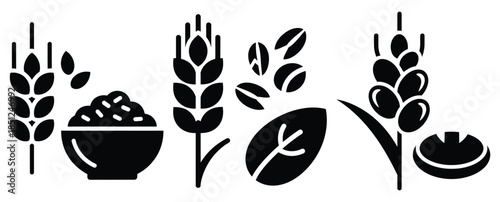 Black silhouette whole grain food modern vector icon set on transparent background