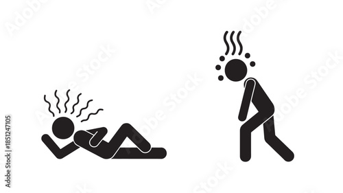 Overheated Person and Person with Heat Stroke in Simple Flat Design with Black Silhouette and White Background for Health Warning