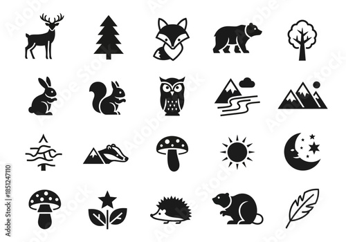 Collection of simple black silhouettes of forest animals and plants on a white background