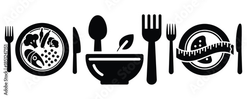 Black silhouette calorie control meal modern vector icon set on transparent background