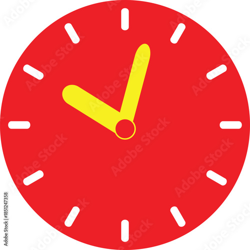 A vibrant red clock face with yellow hands displaying approximately ten past ten