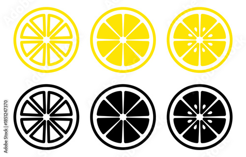 Lemon slice front view icon set. Yellow and black variants in outline style. Flat vector citrus food icons isolated 