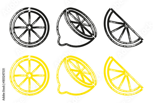 Lemon half and slice icon set drawn with marker in outline style. Black and yellow line illustration. Clean citrus food symbols isolated.