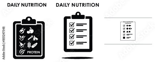 Black silhouette daily nutrition checklist modern vector icon set on transparent background