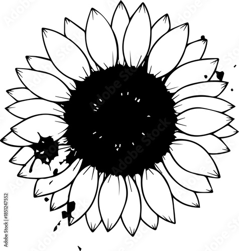 Delicate sunflower with artistic splatter design, perfect for summer, nature-inspired projects, and adding a touch of rustic charm, originally vector graphics