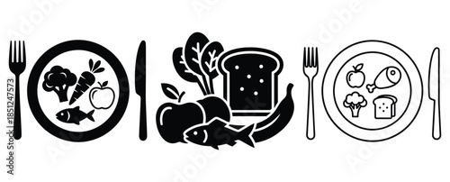 Black silhouette daily healthy diet modern vector icon set on transparent background