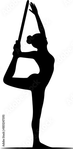 Elegant silhouette of a woman in a yoga pose with a pole, a symbol of strength, balance, and mindfulness for fitness and wellness brands, originally vector art