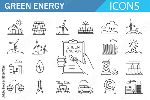 Renewable energy and eco technology outline icons collection