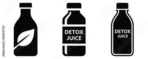 Black silhouette detox juice bottle modern vector icon set on transparent background