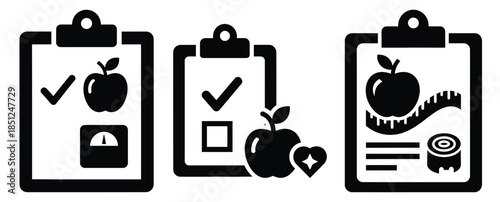 Black silhouette diet consultation clipboard modern vector icon set on transparent background