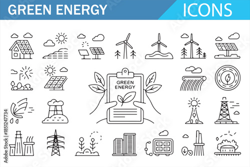 Green energy outline icon set with renewable and sustainable power symbols