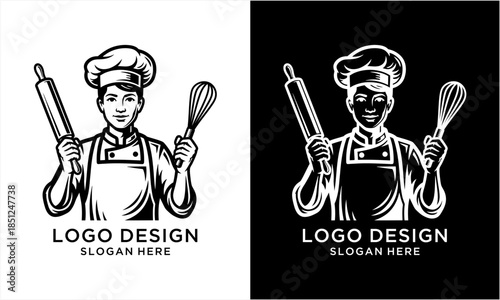 Chef holding rolling pin and whisk, culinary expert, baking master, cooking professional, kitchen specialist.