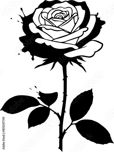Elegant black and white rose blossom with artistic ink splatter, perfect for tattoos, stickers, and trendy apparel designs, originally vector art