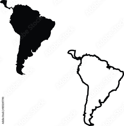 South american continent outlines a filled and a line drawing silhouette