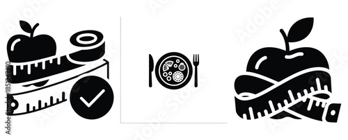 Black silhouette diet health optimization modern vector icon set on transparent background