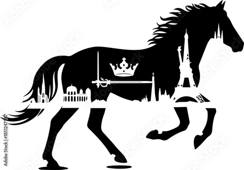 Stunning silhouette of a horse featuring iconic European landmarks, perfect for travel blogs, historical designs, and elegant branding projects