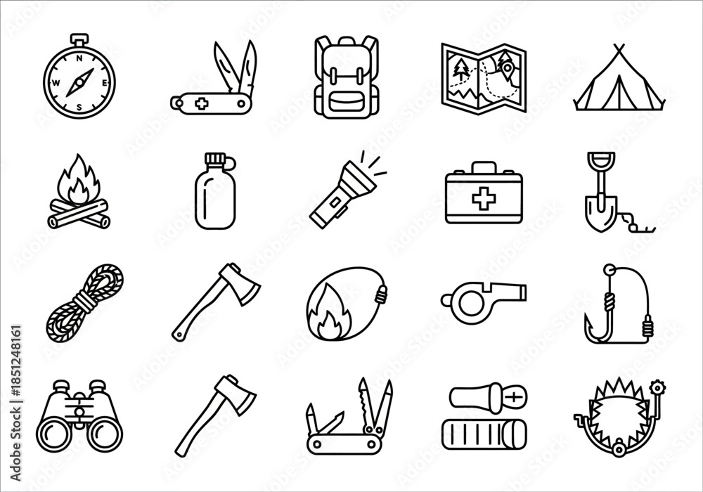 Fototapeta premium Outdoor adventure icons collection featuring camping, hiking, and survival elements in a minimalist line art style