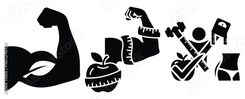 Black silhouette diet success symbol modern vector icon set on transparent background