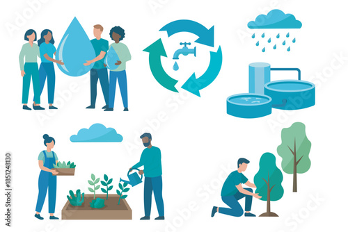 Water conservation and sustainability in a community, showcasing diverse people engaged in water related activities and environmental care