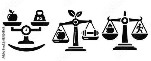 Black silhouette diet wellness balance modern vector icon set on transparent background