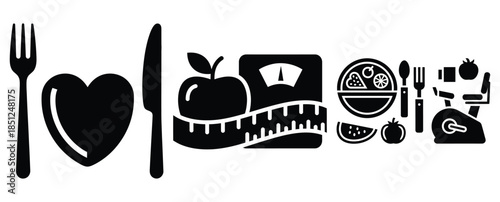 Black silhouette diet wellness guide modern vector icon set on transparent background
