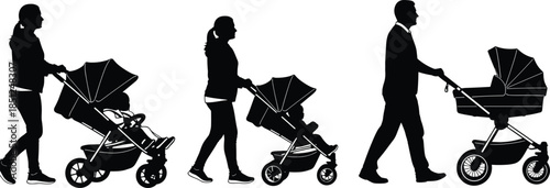 Adult stroller silhouette, parenting role diversity, baby carriage variation, black white vector, caregiving concept, family walk illustration art