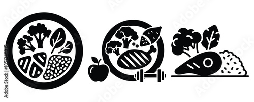Black silhouette fitness diet meal modern vector icon set on transparent background