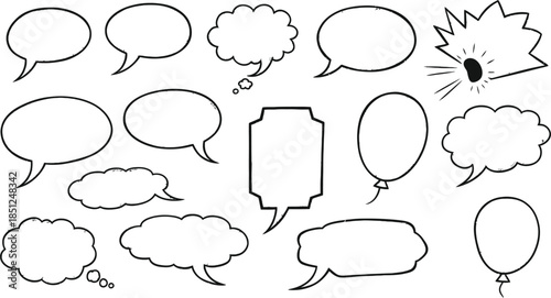 Collection of hand drawn speech bubbles and thought bubbles in various shapes and styles