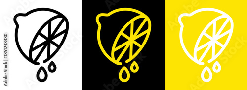 Squeezed lemon juice icon in outline style. Minimal line vector illustration with hand drawn look. Citrus juice symbol isolated on white, black and yellow backgrounds.
