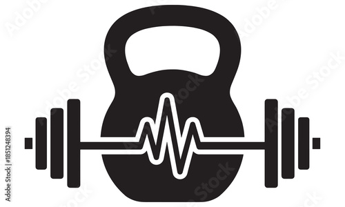 Kettlebell and Barbell Heartbeat Logo. Fitness and Cardio Gym Icon