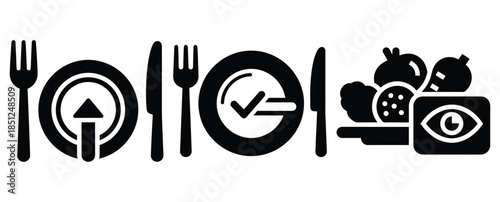 Black silhouette food intake monitoring modern vector icon set on transparent background