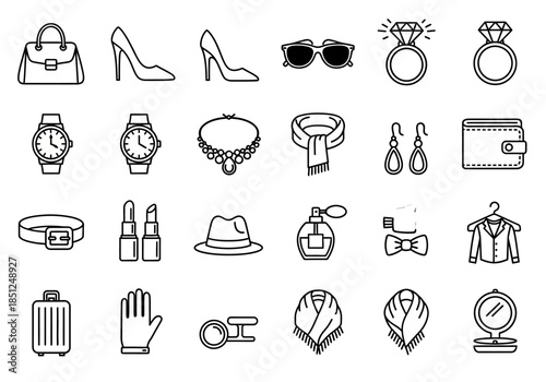 Fashion accessories illustration featuring luxury items, jewelry, and clothing elements in a clean white background