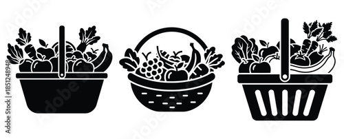 Black silhouette fresh produce basket modern vector icon set on transparent background