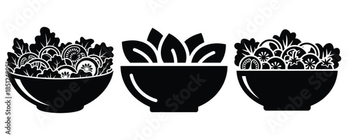 Black silhouette fresh salad bowl modern vector icon set on transparent background