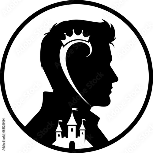 Elegant prince silhouette with crown and castle, a symbol of royalty and dreams, perfect for branding, storybook illustrations, or fantasy designs