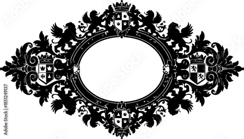 Elegant heraldic frame with ornate scrollwork and lions, perfect for sophisticated invitations, logos, and branding that evokes luxury and prestige