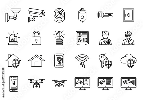 Collection of security icons representing surveillance and protection