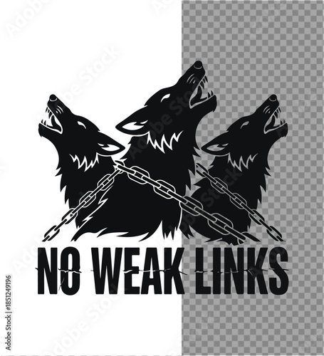 Emblem of Unity: A powerful symbol of strength, featuring three howling wolves bound together by a sturdy chain, embodying the concept of unbreakable unity and resilience, signifying No Weak Links.
