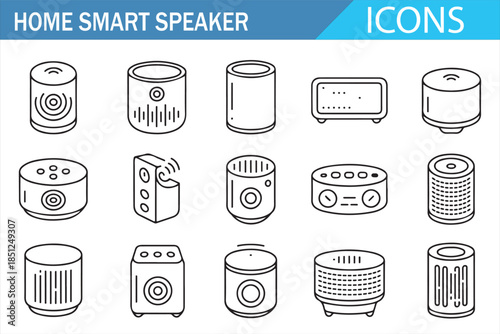 Smart speaker outline icon set with voice assistant and smart home audio devices