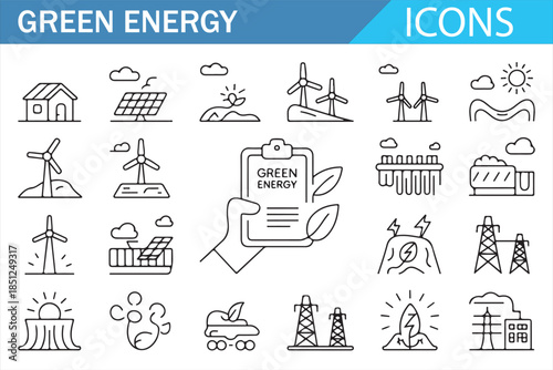 Green energy outline icon set featuring renewable power sources, solar panels, wind turbines, eco technology, and sustainable energy symbols for web, app, and UI design