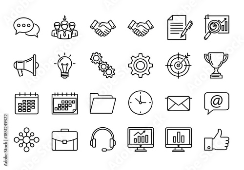 Collection of simple black and white icons representing business and technology concepts on a white background