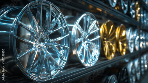 Metallic alloy wheels arranged in a row on a display rack, symmetrical composition with crisp reflections